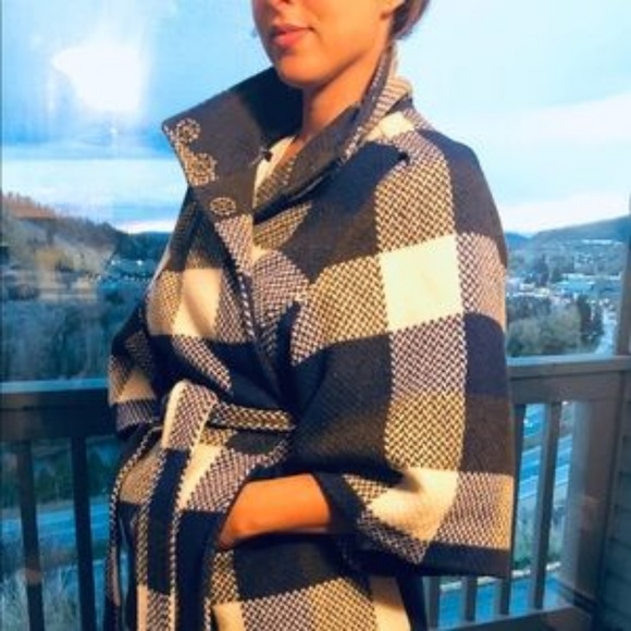Aryn K Jackets & Blazers - Aryn K Blue Plaid Wool Blend Belted Oversized Coat